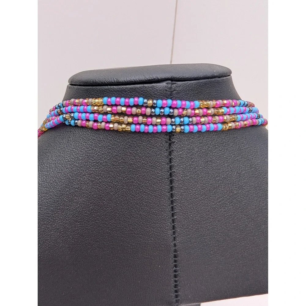 Handmade Multi Strand Seed Bead Necklace Turquoise Pink Layered Bohemian Jewelry